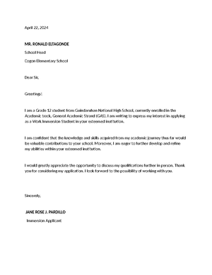 Mylene (WORK Immersion Application Letter) - April 22, 2024 MRS. GLADYS ...