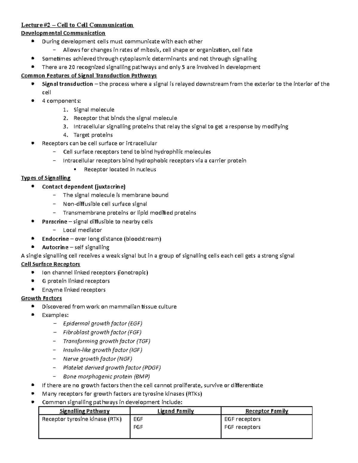 Lecture 2 Notes - Developmental Communication During development cells ...