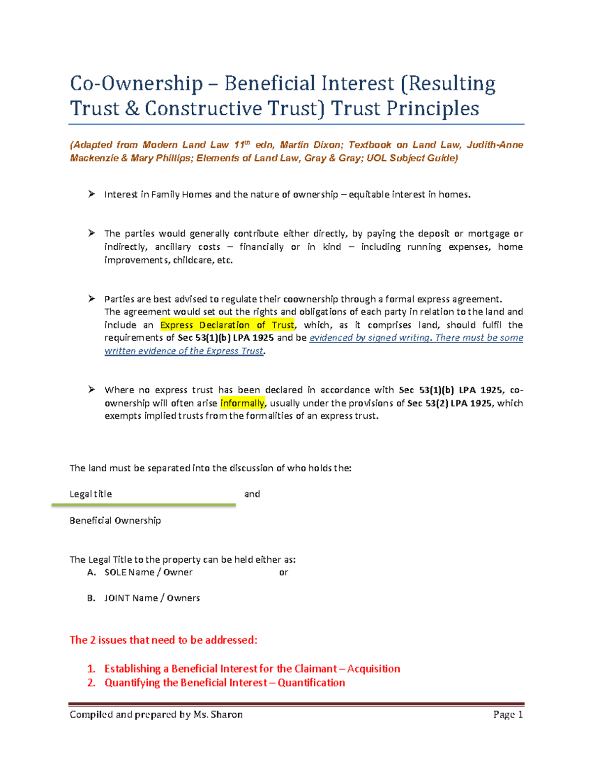 Property Land Law Coownership RT CT SC(10) CoOwnership
