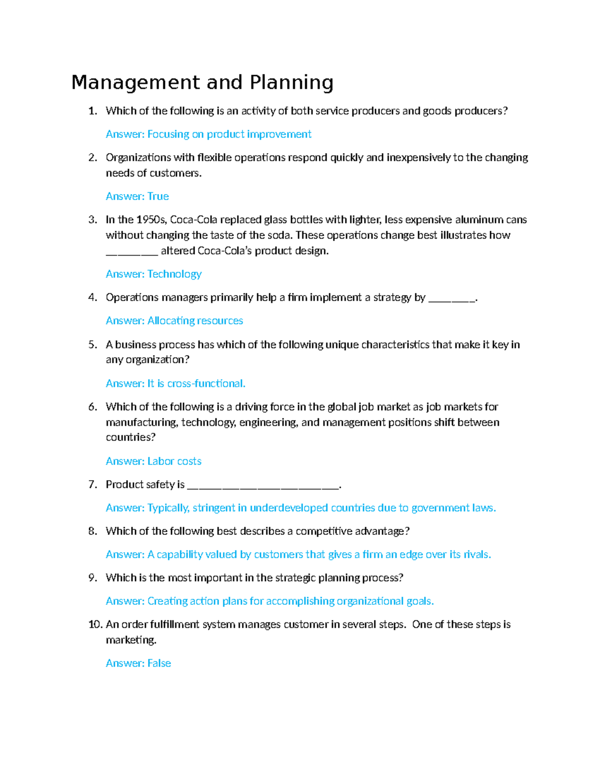 C720 Study Guide - Questions - Management And Planning Which Of The ...