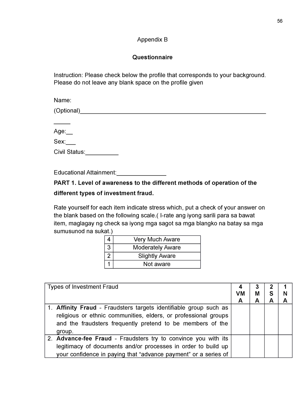 Appendix B - None - Appendix B Questionnaire Instruction: Please Check ...