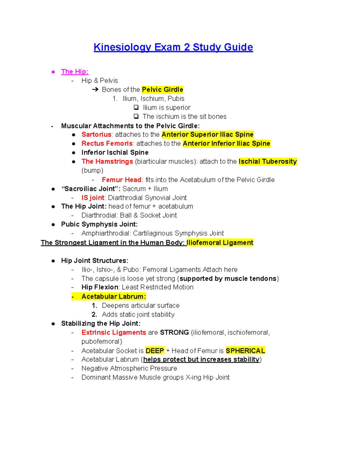 Kinesiology Exam 2 Study Guide - Kinesiology Exam 2 Study Guide The Hip ...