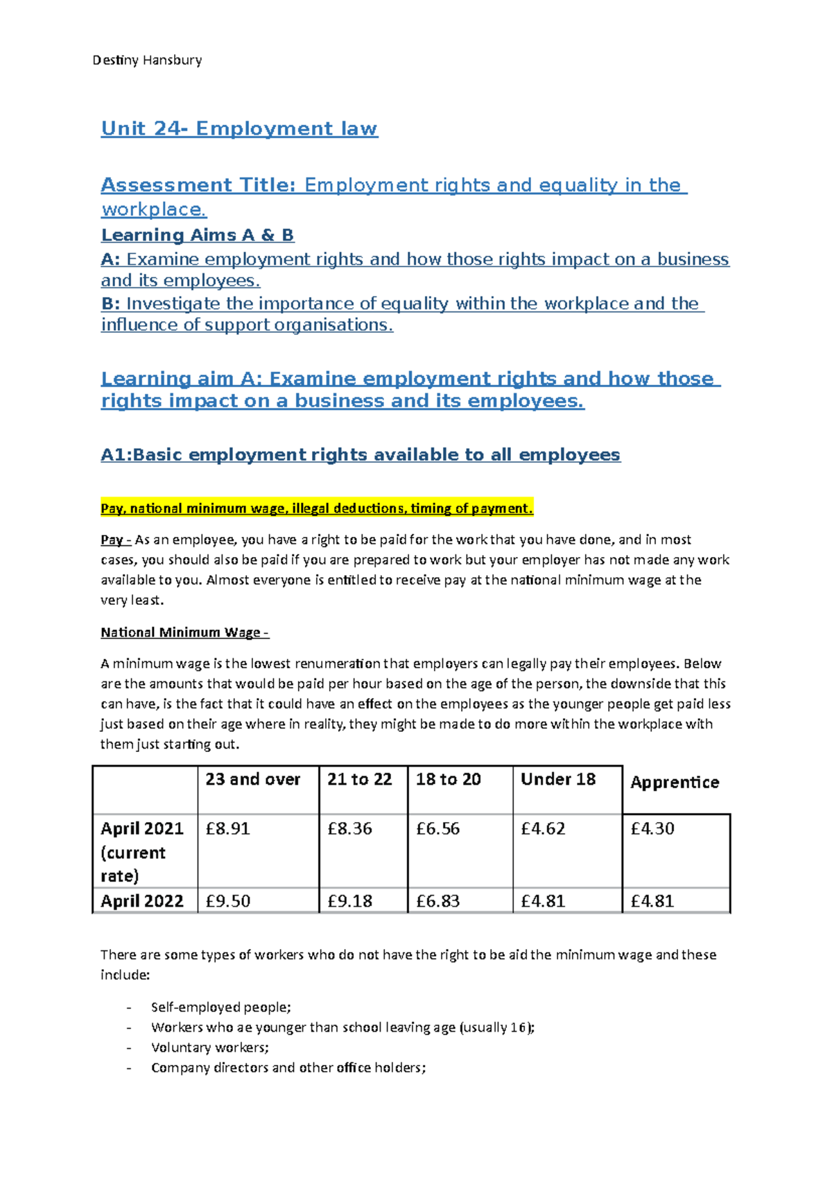 Unit 24 Learning Aim A And B Unit 24 Employment Law Assessment Title 