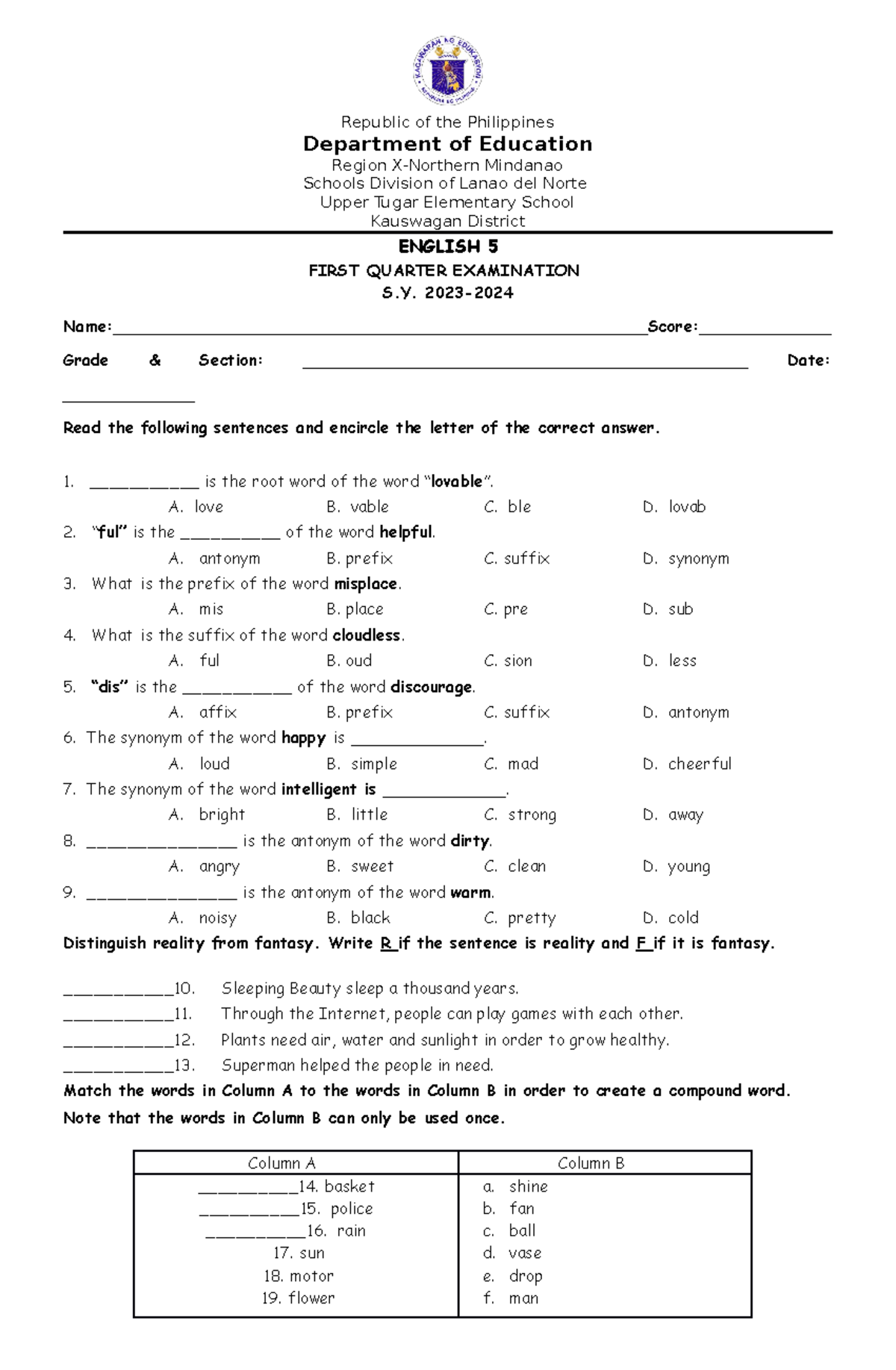 English 5-Q1 EXAM - 1ST PERIODICAL EXAM - Republic Of The Philippines ...