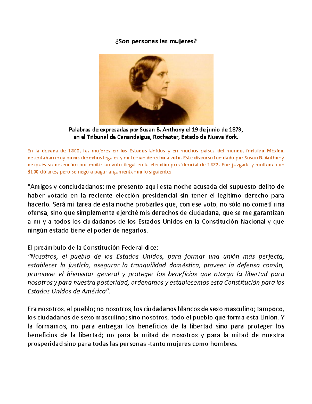 Discurso DE Susan B. Anthony - øSon Personas Las Mujeres? Palabras De ...