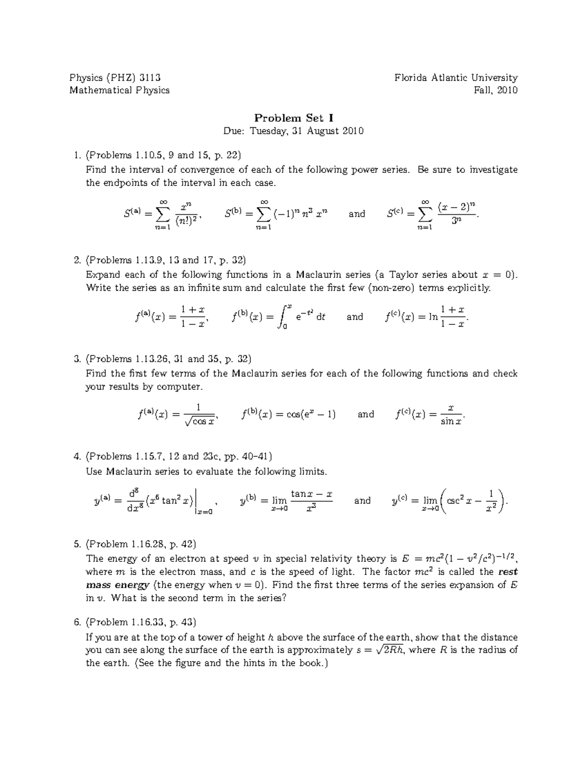 Homework Problem Set 1 - Physics (PHZ) 3113 Mathematical Physics ...