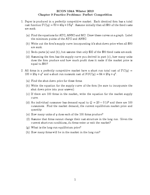 Chapter 9 Practice Problems Perfect Competition Solutions - ECON 104A ...