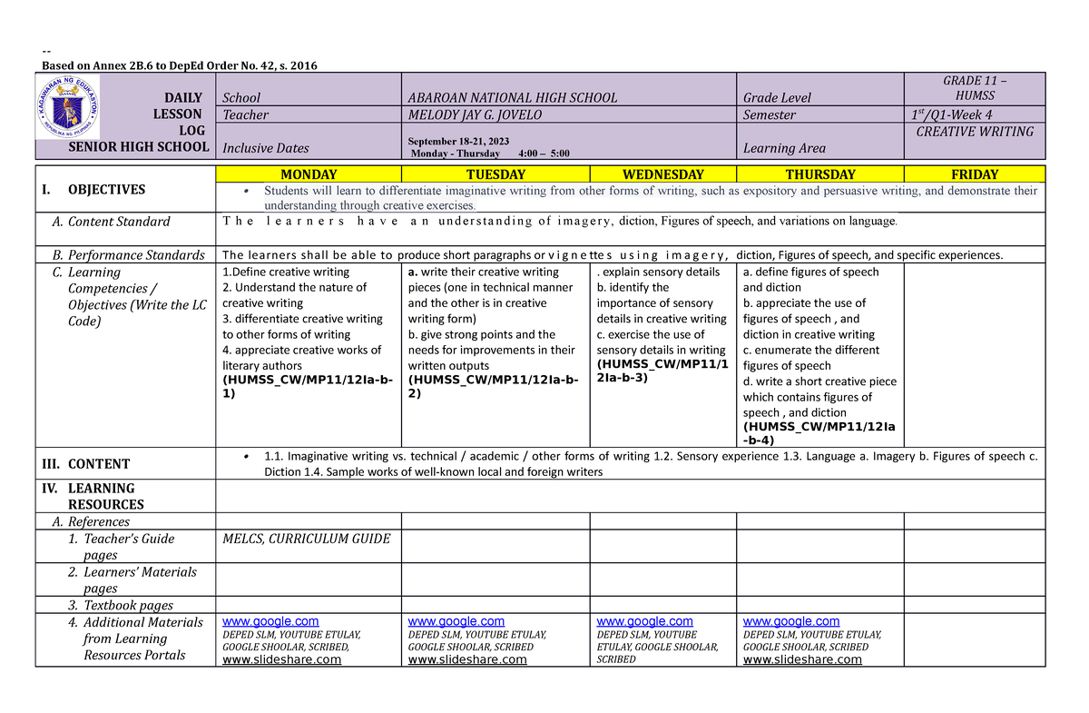 DLL CW- WEEK 3 - Daily Lesson Log Sample - Based On Annex 2B To DepEd ...