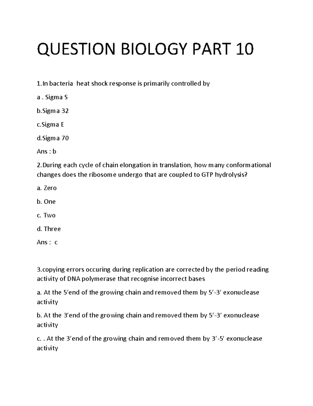 CELL BIOLOGY PART 10 QUESTIONS - QUESTION BIOLOGY PART 10 1 bacteria ...