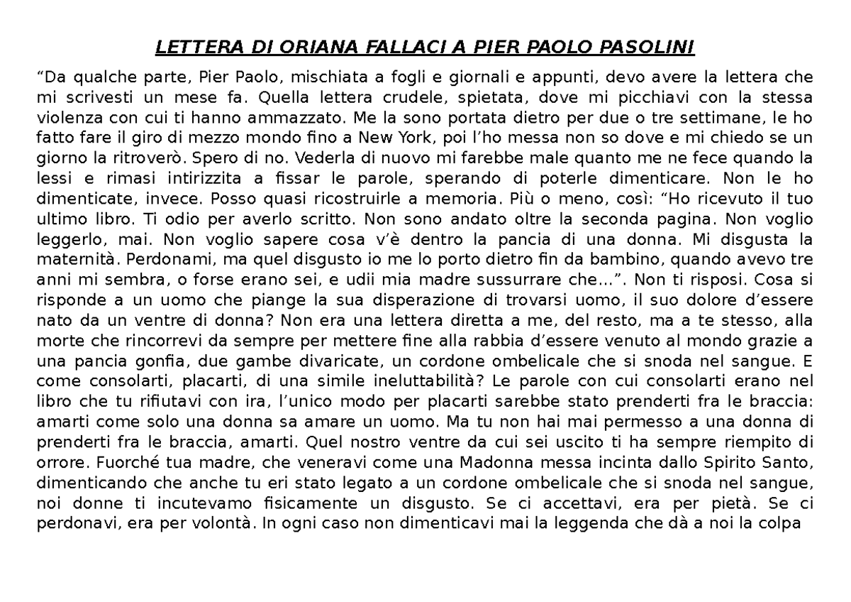 Lettera DI Oriana Fallaci A PIER Paolo Pasolini - LETTERA DI ORIANA
