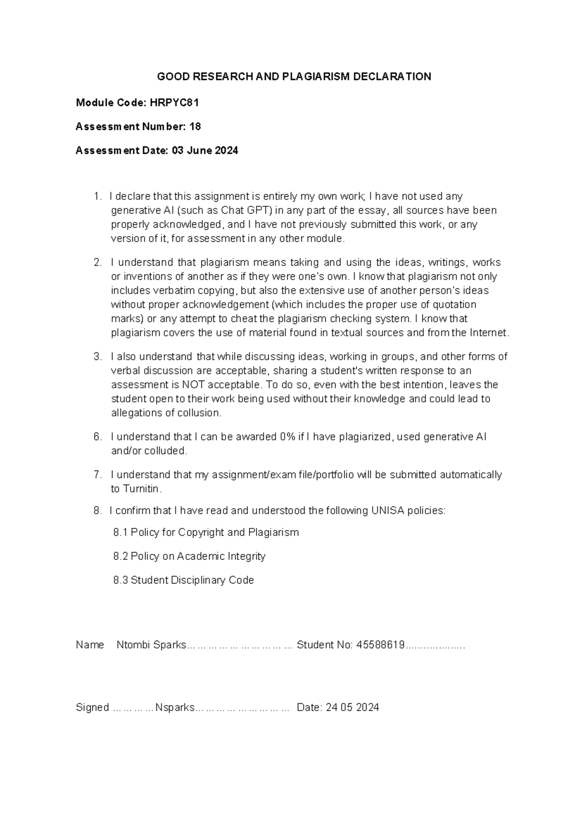Assessment 18 GOOD Research AND Plagiarism Declaration - GOOD RESEARCH ...