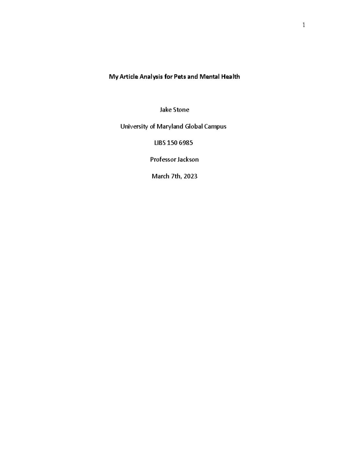 Unit 3 assignment - 123 - My Article Analysis for Pets and Mental ...