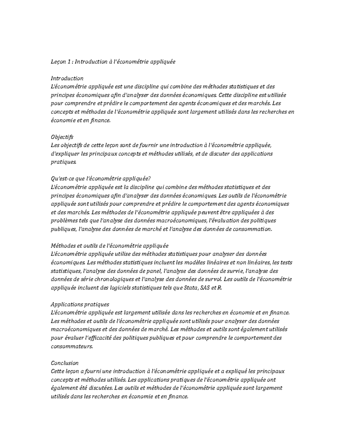 Applied Econometrics notes de lecture - Leçon 1 : Introduction à l ...