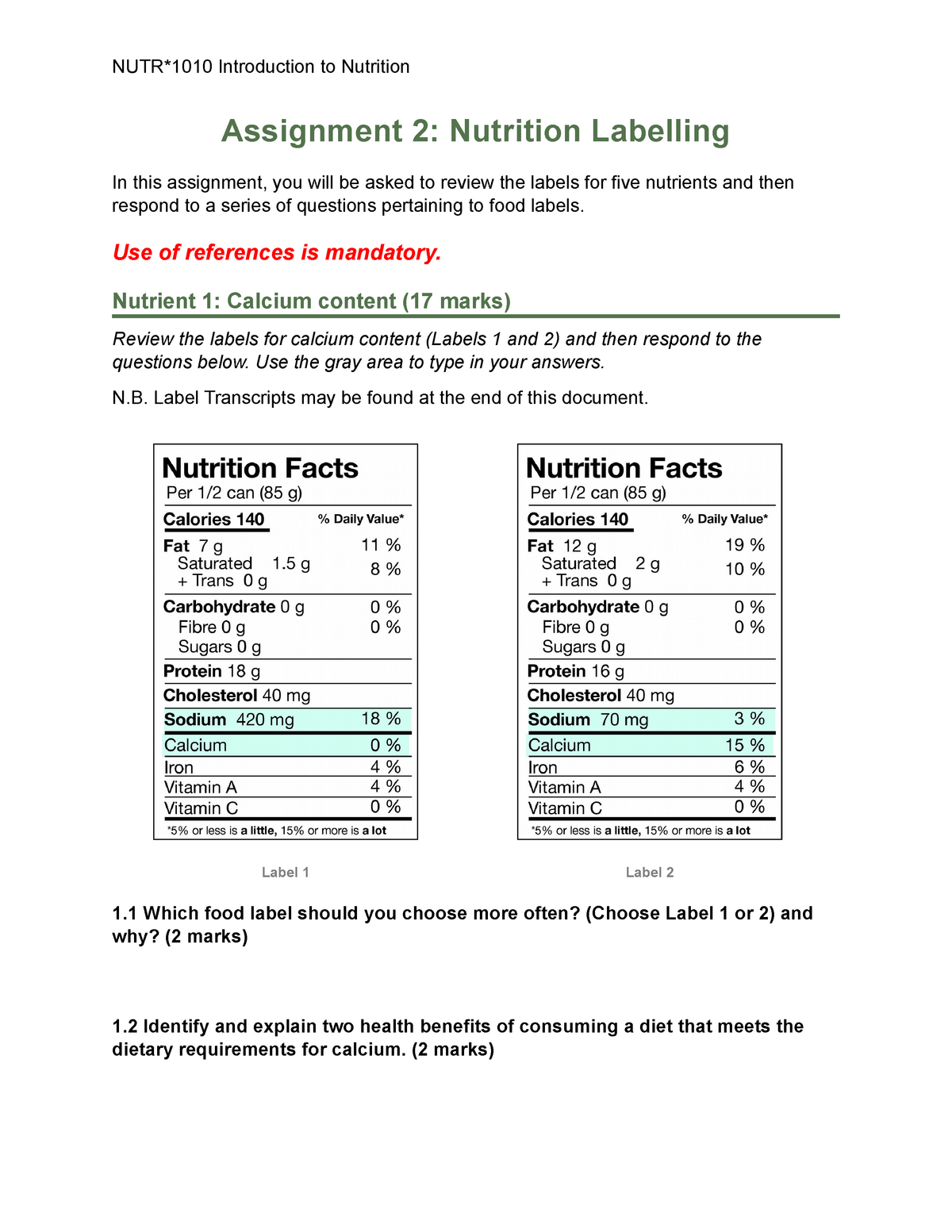 NUTR22222222DE Assignment 2222 Worksheet - Assignment 2222: Nutrition Regarding Nutrition Label Worksheet Answer Key