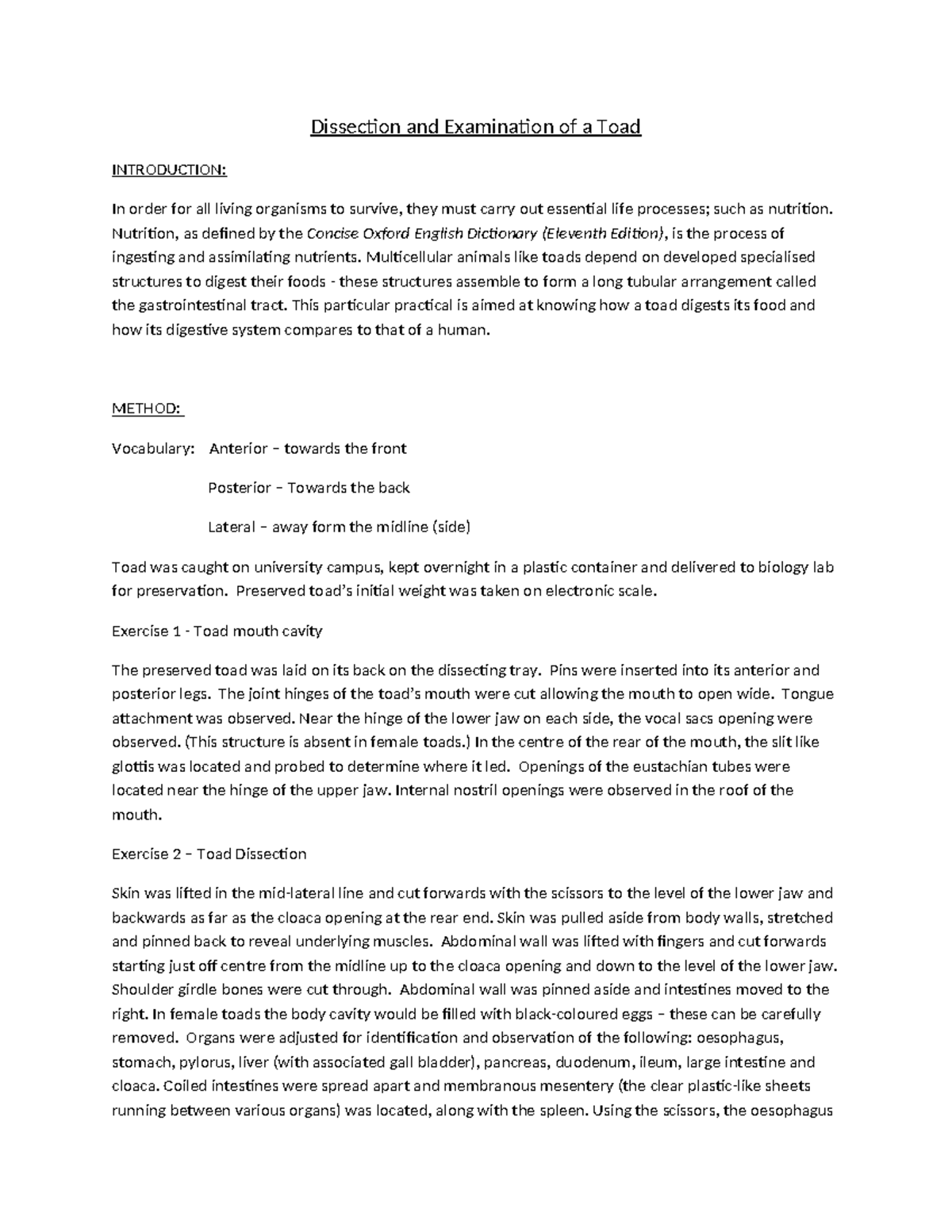 Practical 3 - The Vertebrate Digestive System (toad) Report ...