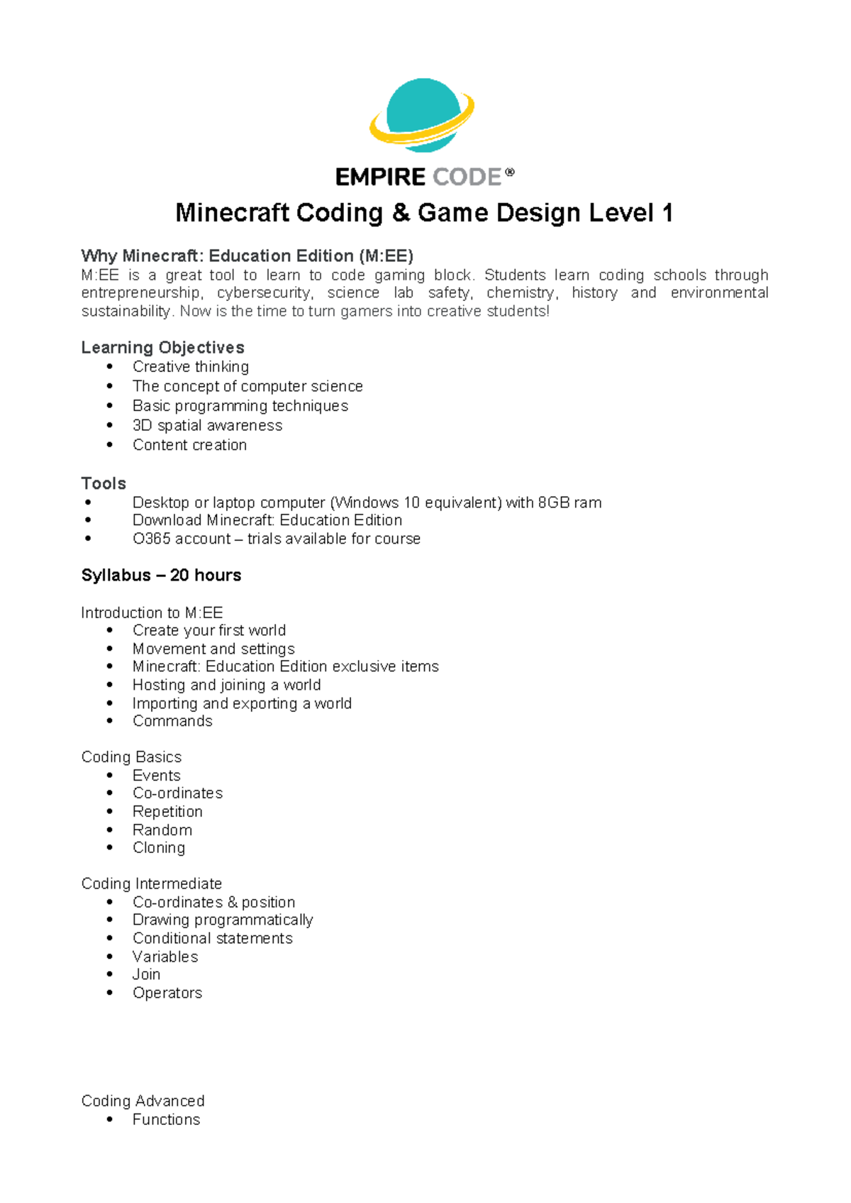 Empire Code Minecraft Coding & Game Design Level 1 Framework ...