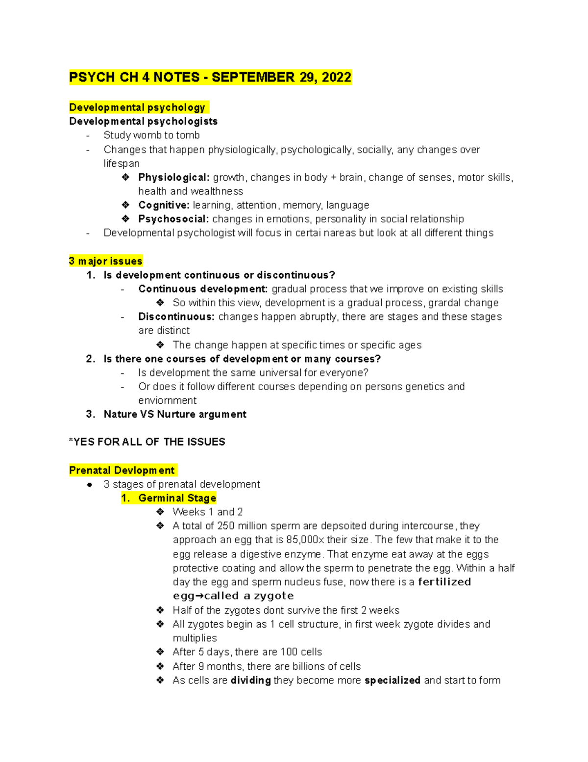 Psych CH 4 Notes - PSYCH CH 4 NOTES - SEPTEMBER 29, 2022 Developmental ...