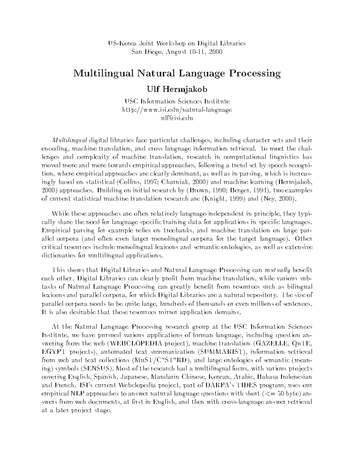 Multilingual Natural Language Processing - US Korea Joint Workshop on ...