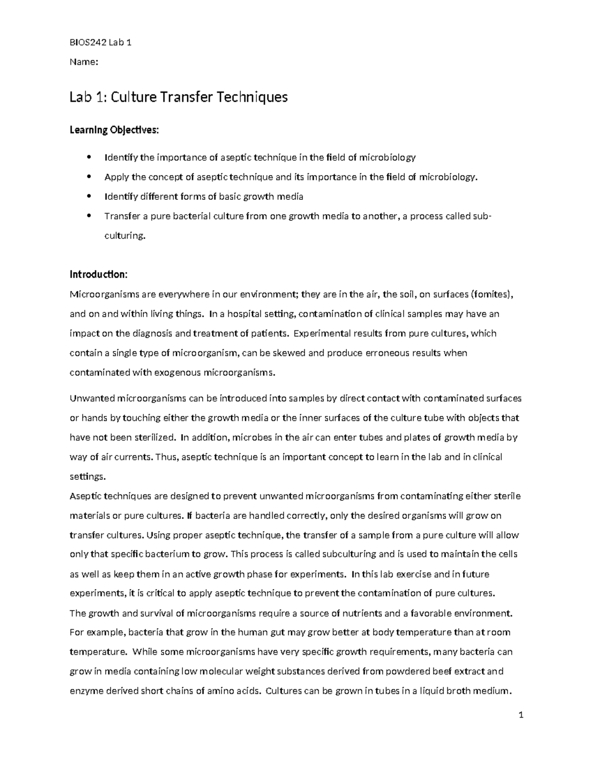 BIOS242 Week 1 Lab 1 Culture Transfer Techniques-1 - Name: Lab 1 ...