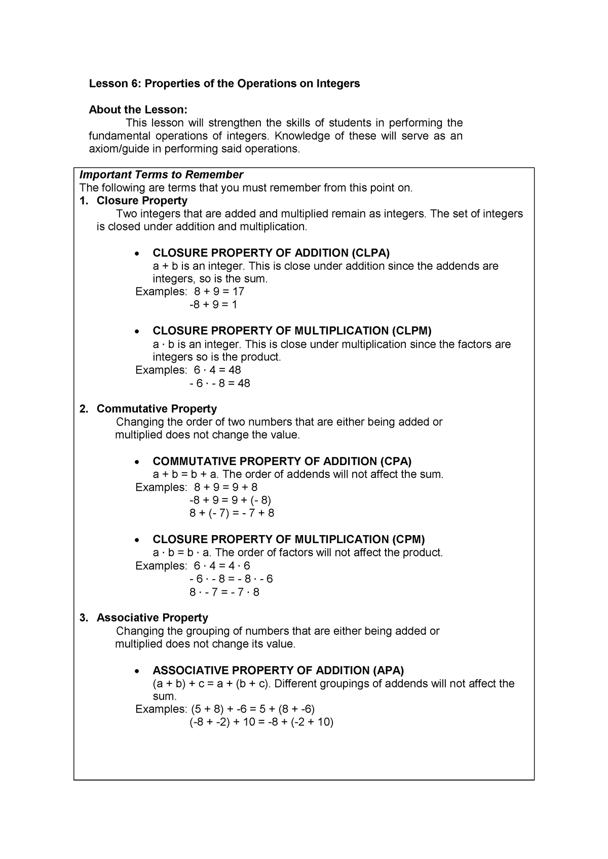 W41 Properties Of The Operation On Integers Lesson 6 Properties Of The Operations On 6065