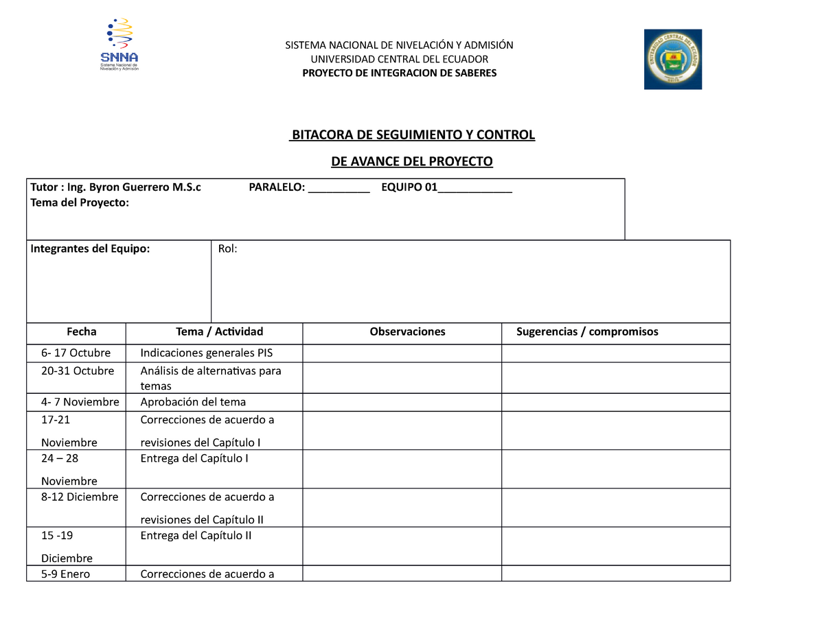 Formato Bitacora Sistema Nacional De NivelaciÓn Y AdmisiÓn Universidad Central Del Ecuador 2705