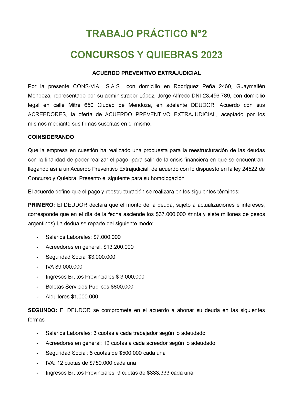 Tp 2 Concurso Y Quiebra 2023 Trabajo PrÁctico N° Concursos Y