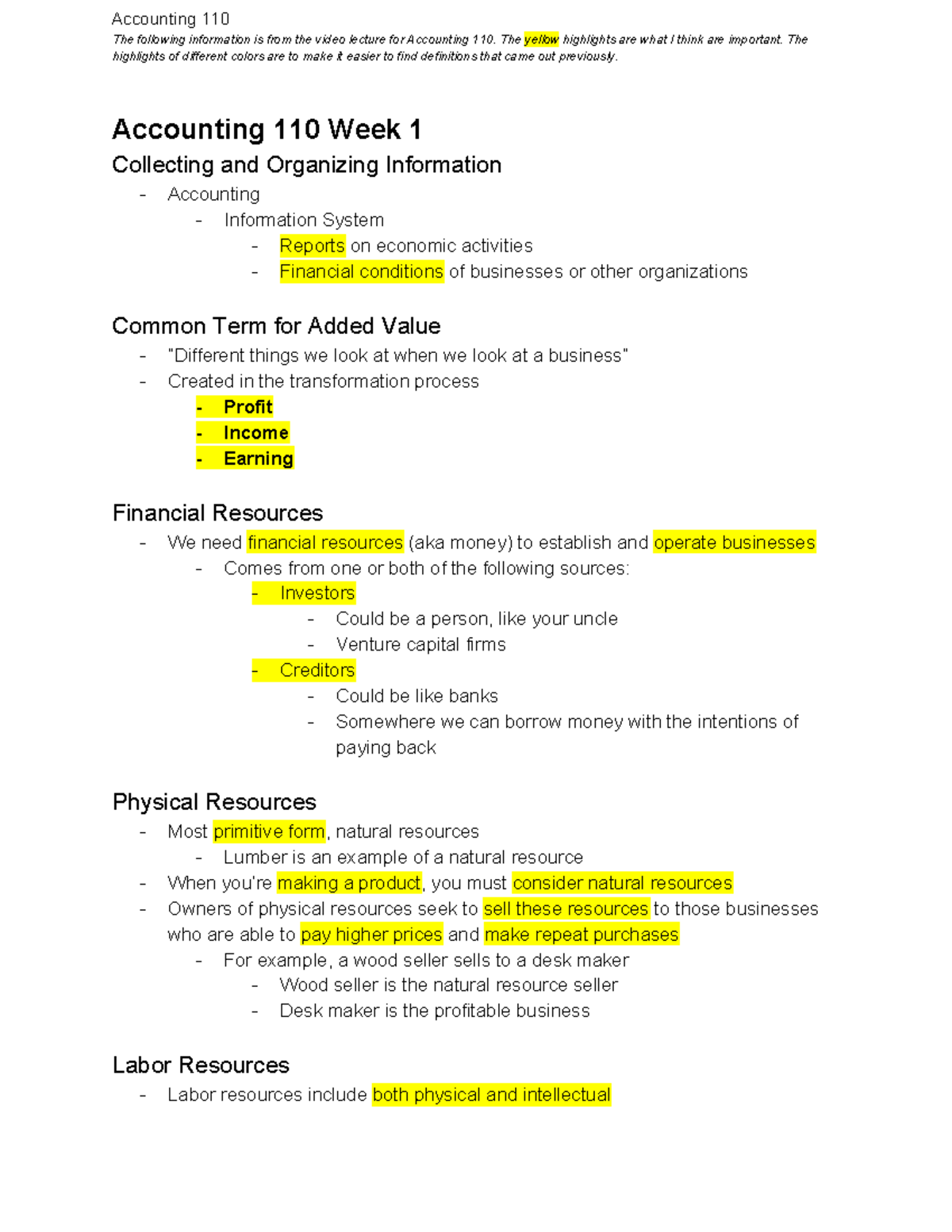 Week 1 - Lecture notes 1 - Accounting 110 The following information is ...