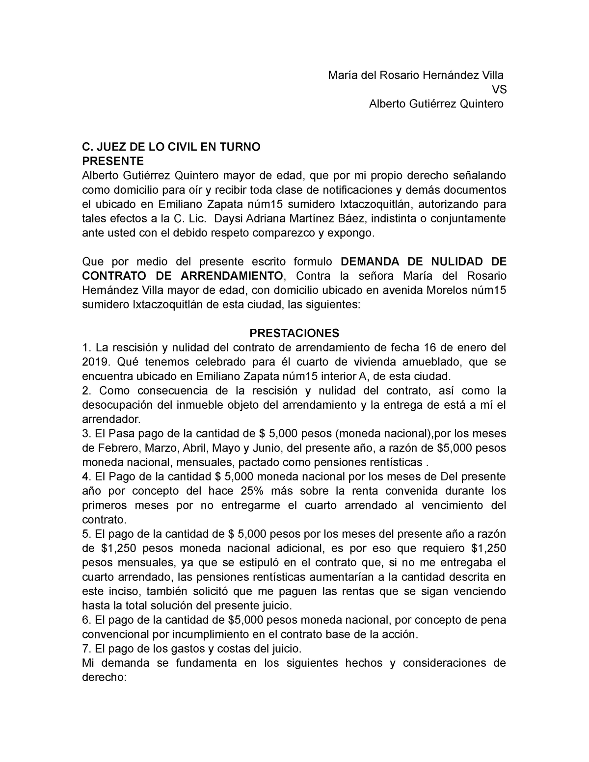 Contrato DE Nulidad DE Arreandamiento - María del Rosario Hernández Villa  VS Alberto Gutiérrez - Studocu