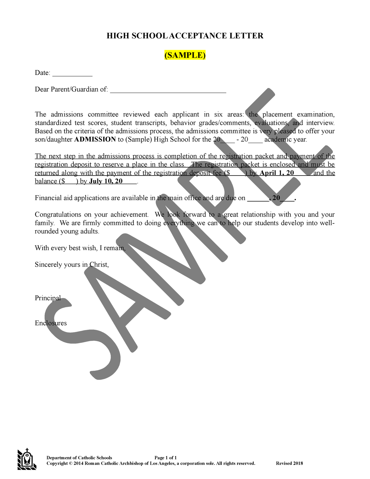 High school acceptance letter sample Department of Catholic Schools