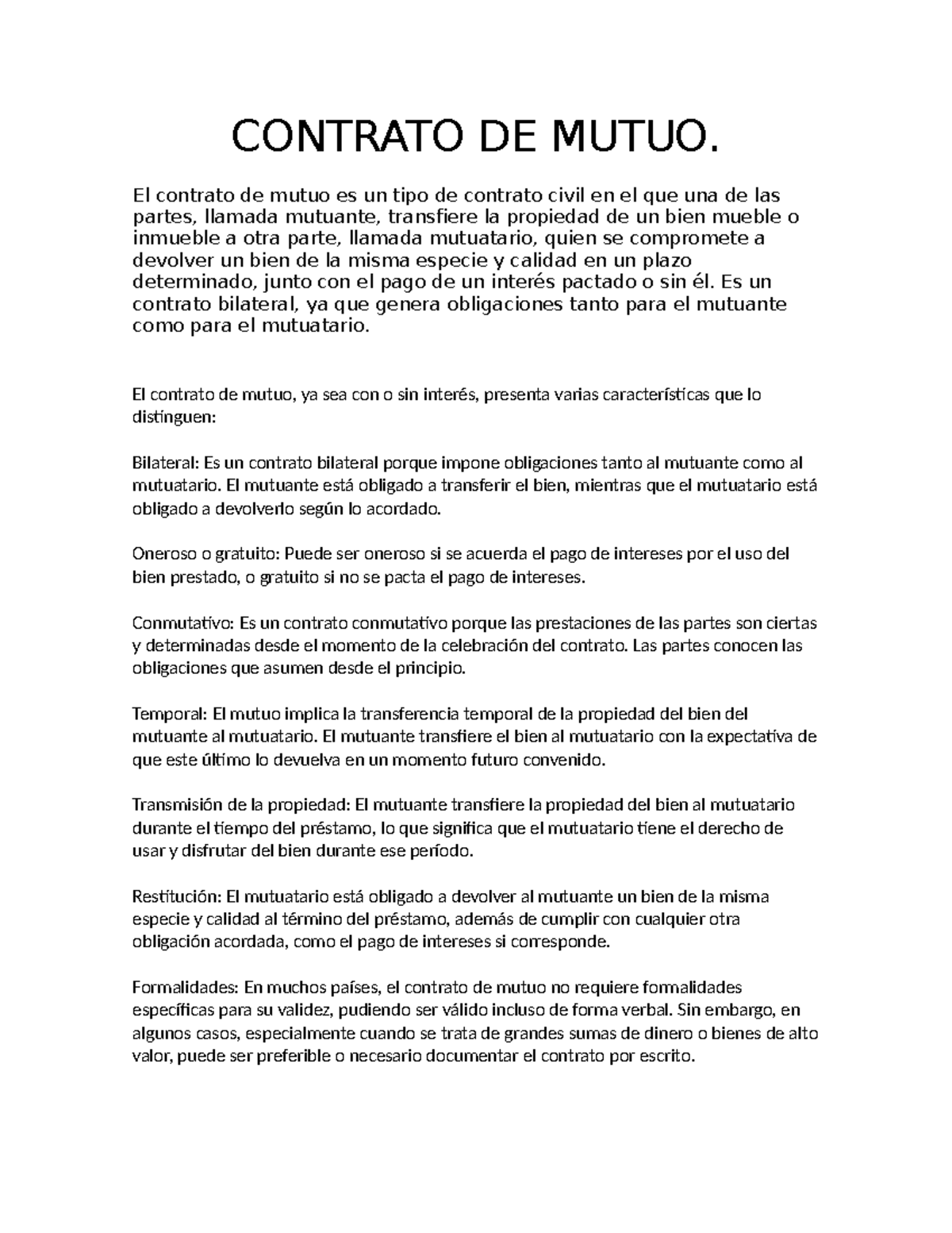 Contrato DE Mutuo - CONTRATO DE MUTUO. El contrato de mutuo es un tipo ...