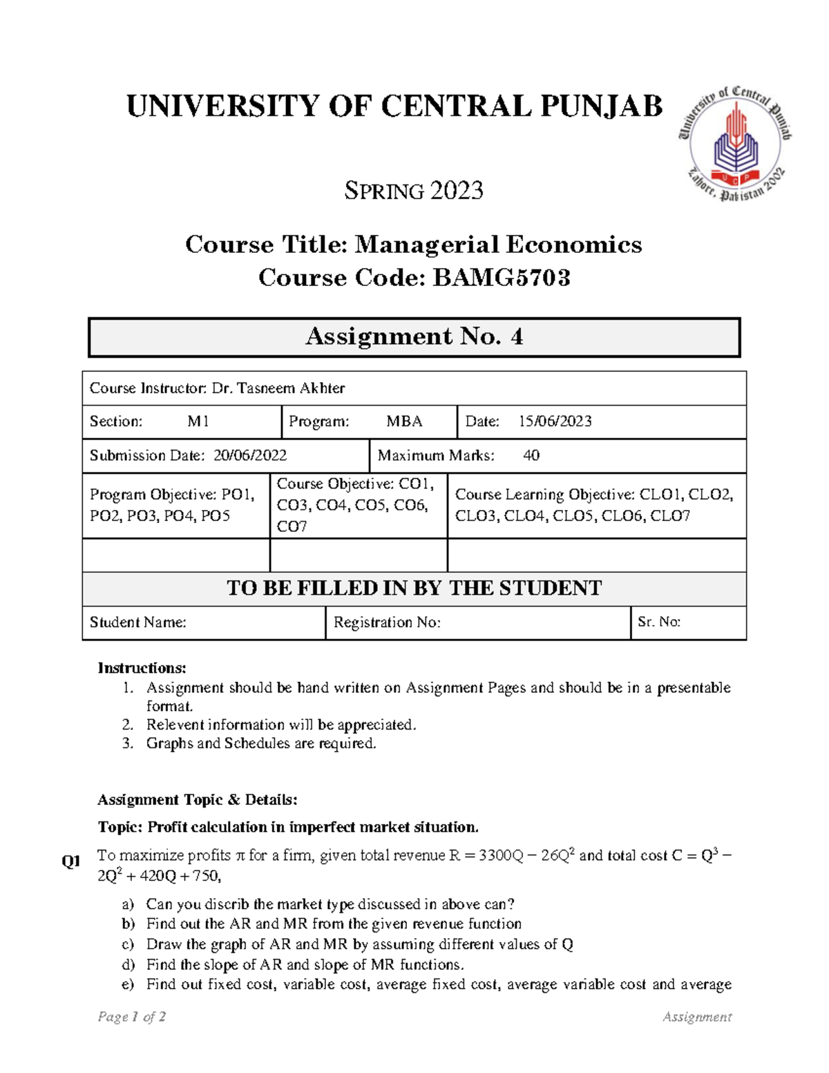Assignment 4 - Page 1 of 2 Assignment UNIVERSITY OF CENTRAL PUNJAB ...