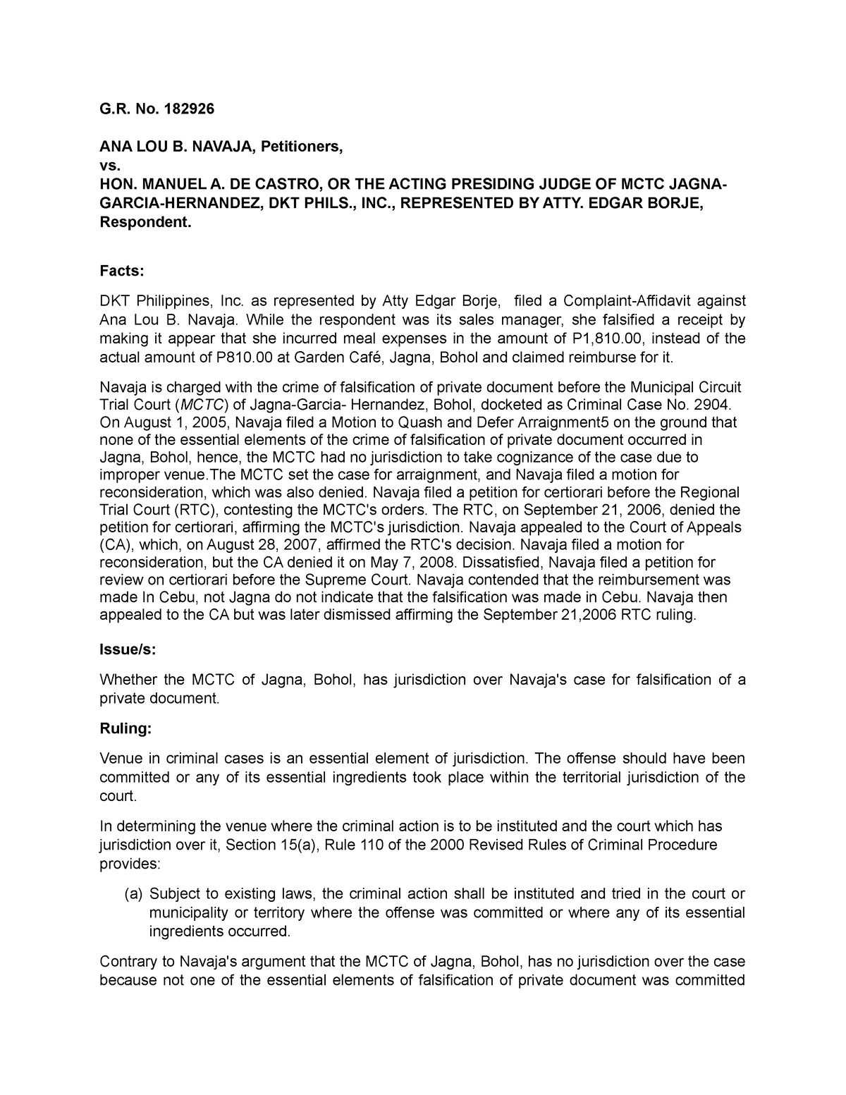 Navaja case - G. No. 182926 ANA LOU B. NAVAJA, Petitioners, vs. HON ...