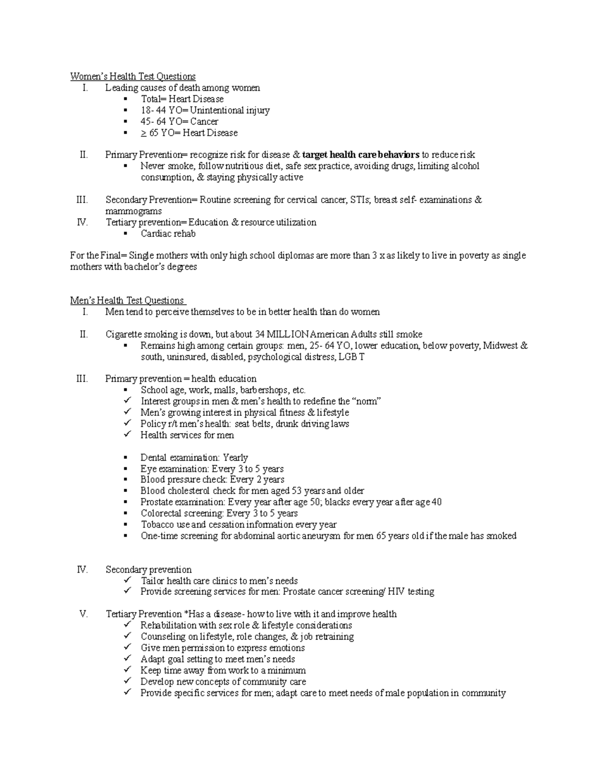 Elderly, Fam, Women, Men Test Women’s Health Test Questions I