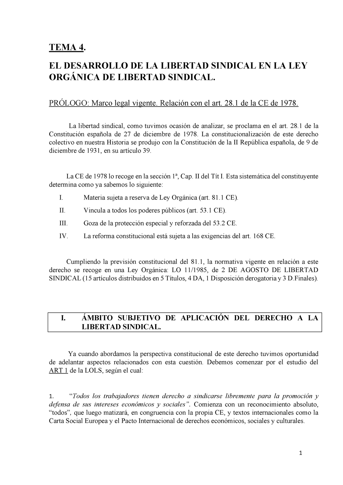 Tema 4 Tema 4 El Desarrollo De La Libertad Sindical En La Ley OrgÁnica De 2223