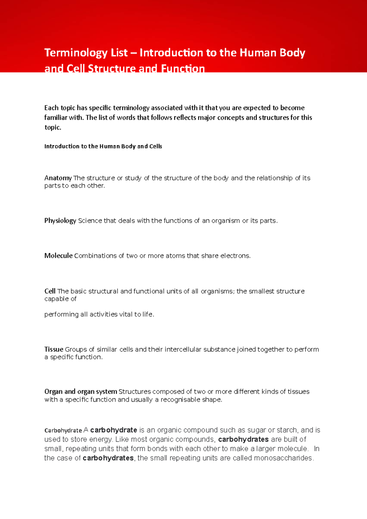Terminology List Introduction Cell Structure and Function - Terminology ...