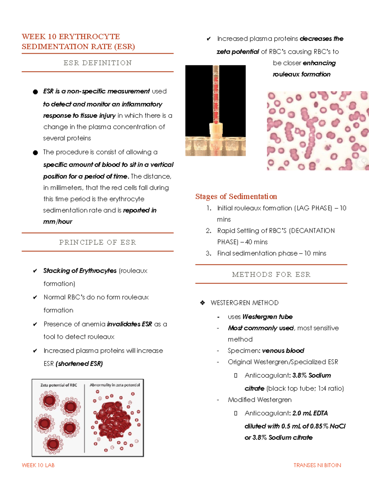 HEMA LAB WEEK 10 hema WEEK 10 ERYTHROCYTE SEDIMENTATION RATE (ESR