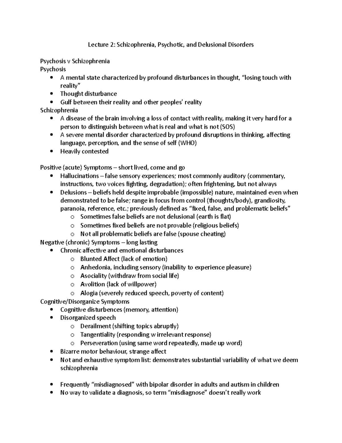 Lecture 2- Schizophrenia and Psychotic Disorders - Lecture 2 ...