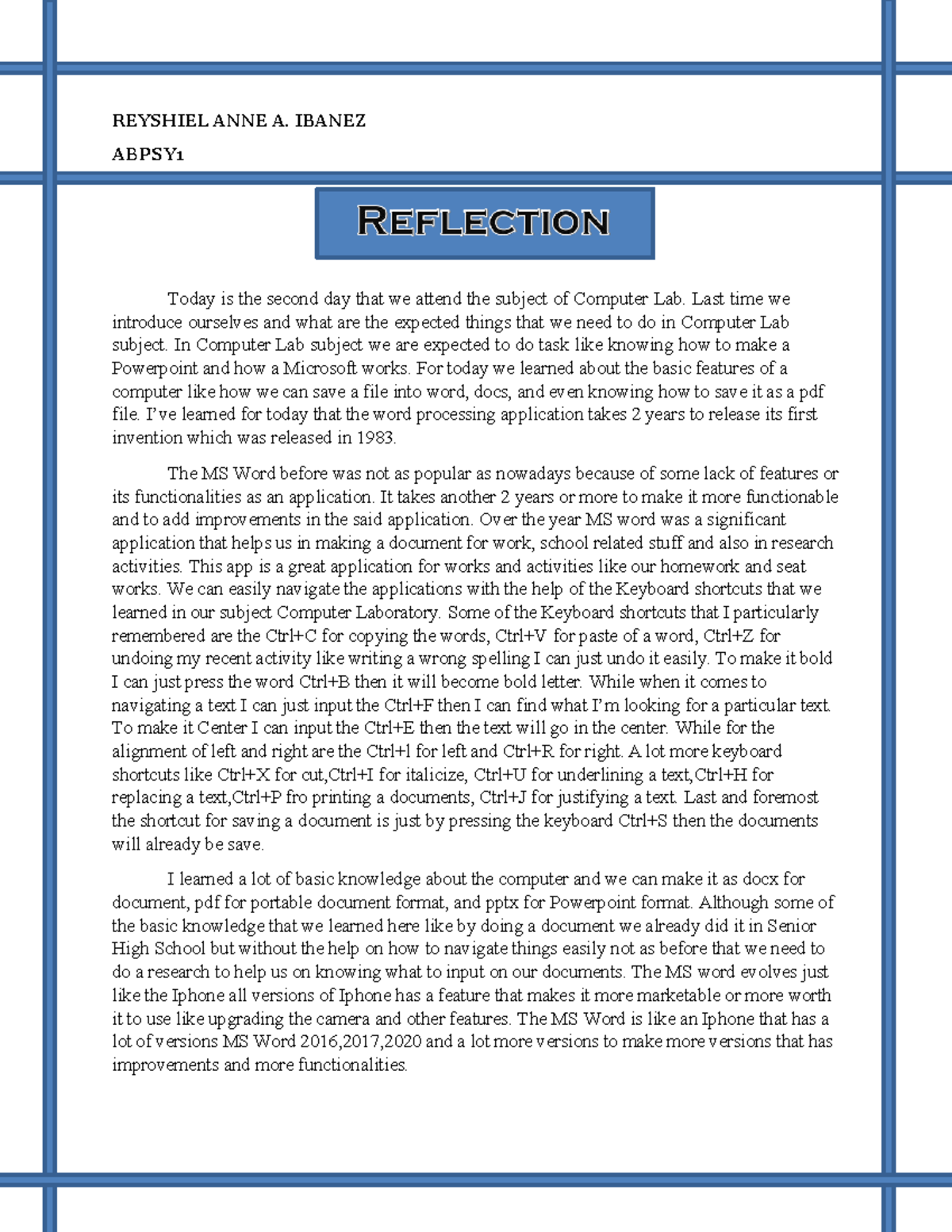 Ibañez Activity 1 - Reflection about Computer 1 - REYSHIEL ANNE A ...