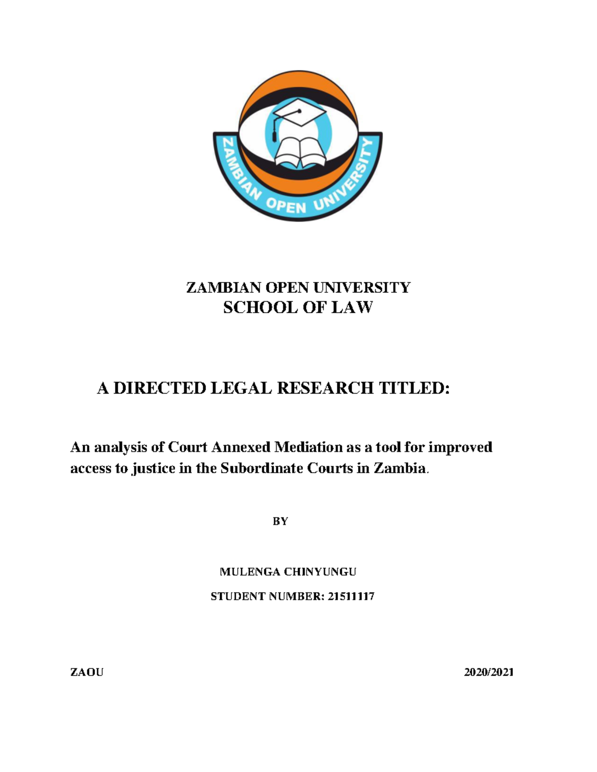 School OF LAW A Directed Legal Research-2 - ZAMBIAN OPEN UNIVERSITY ...