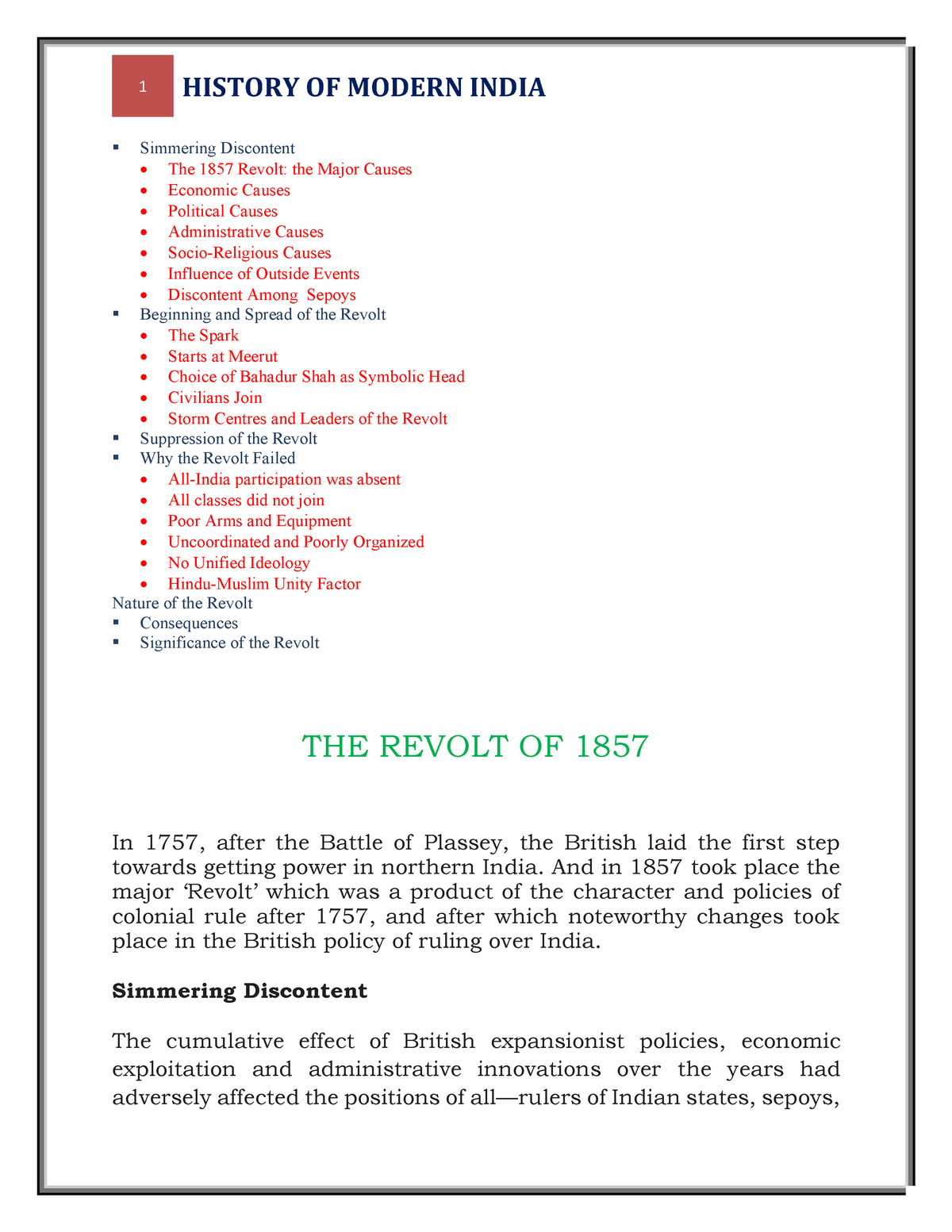 short essay on revolt of 1857