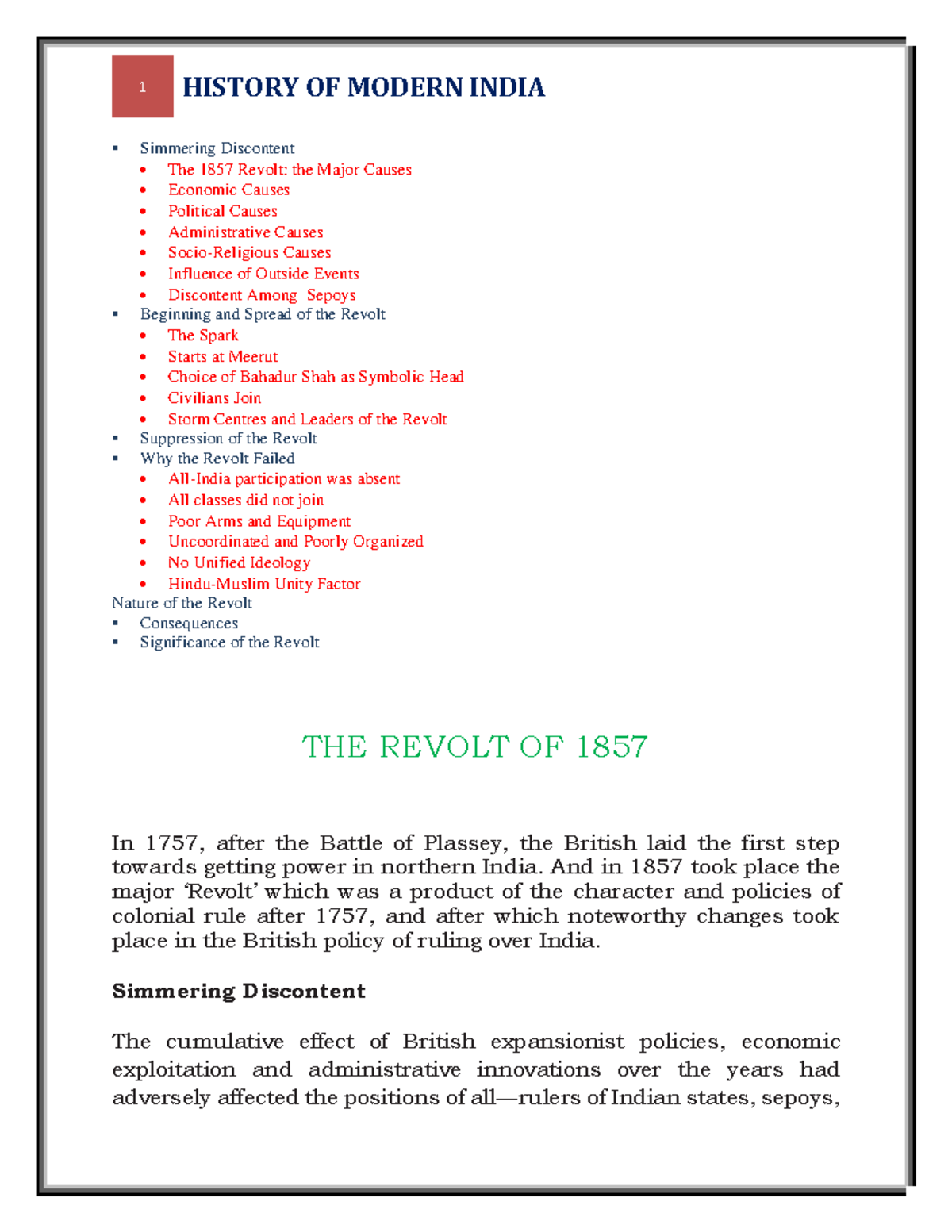 short essay on revolt of 1857