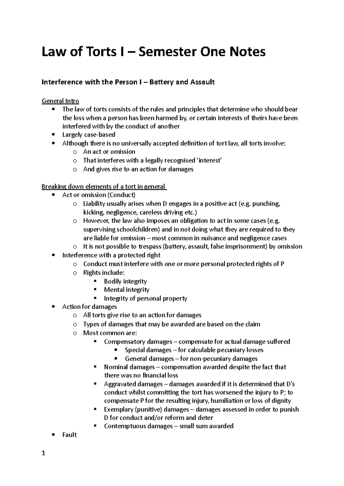 Law Of Torts I Revision Final - Law Of Torts I – Semester One Notes ...