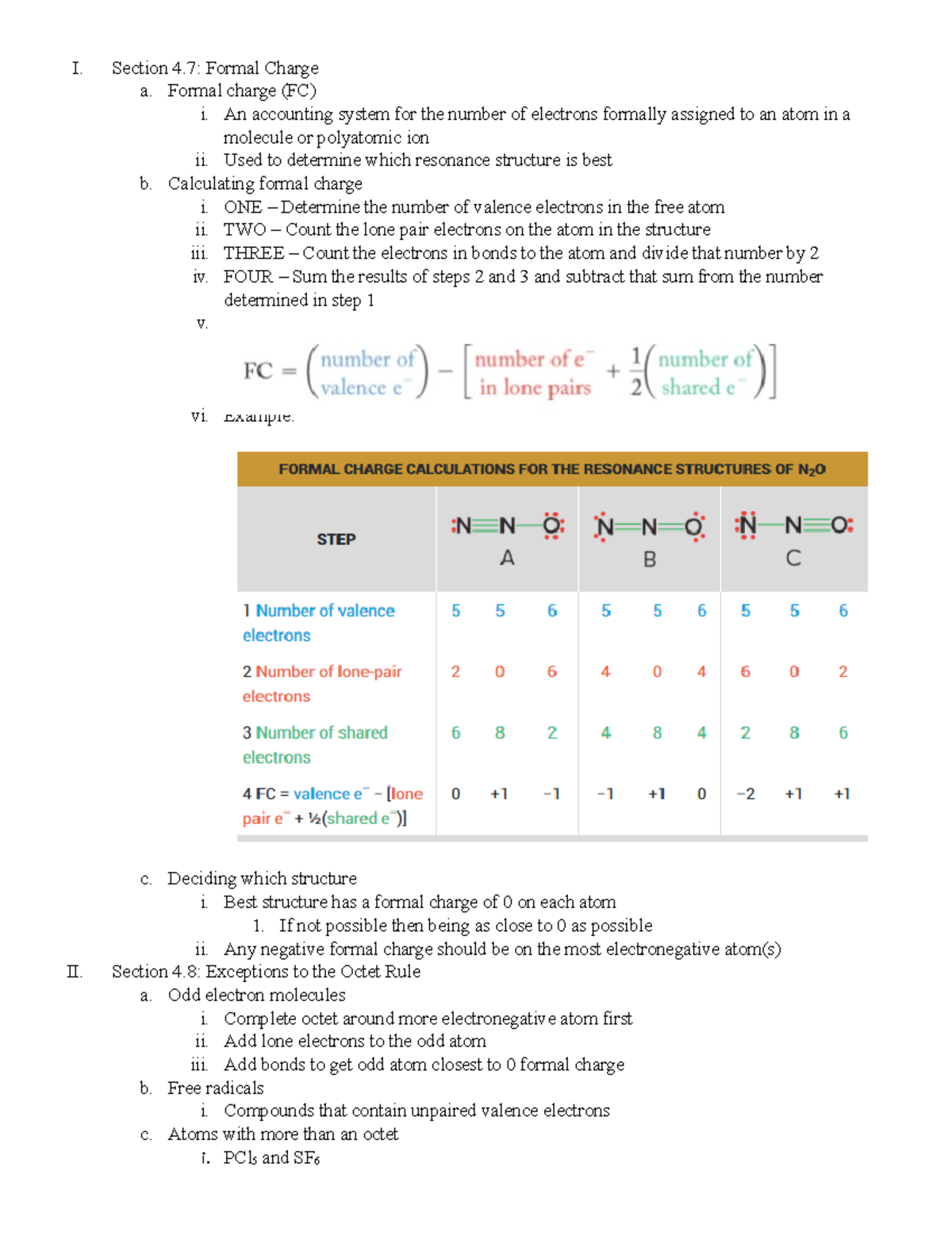 Notes 4.7 - 4.8 - I. Section 4: Formal Charge a. Formal charge (FC) i ...