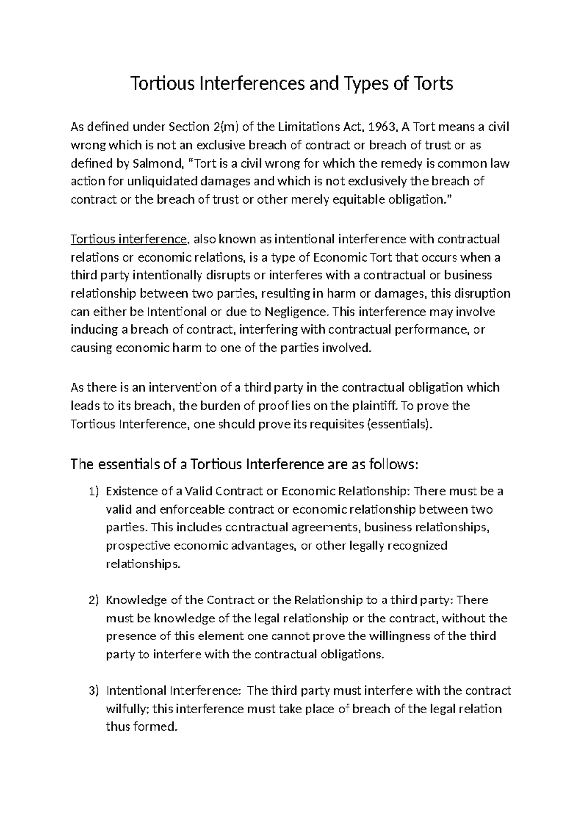 Tortious Interferences and Types of Torts - ” Tortious interference ...