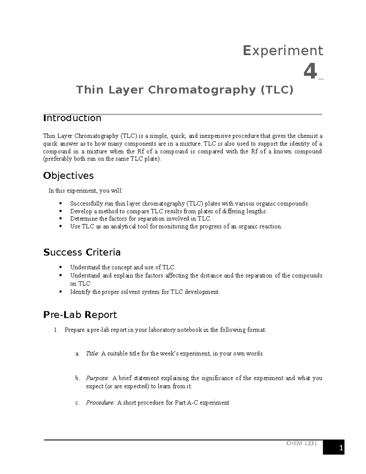 Experiment 4 TLCStudent VersionFall 2022 CHEM 1231 Experiment 4