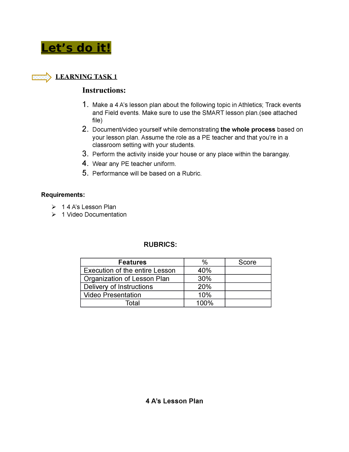 4a 4as Lesson Plan Sample Lets Do It Learning Task 1 Instructions