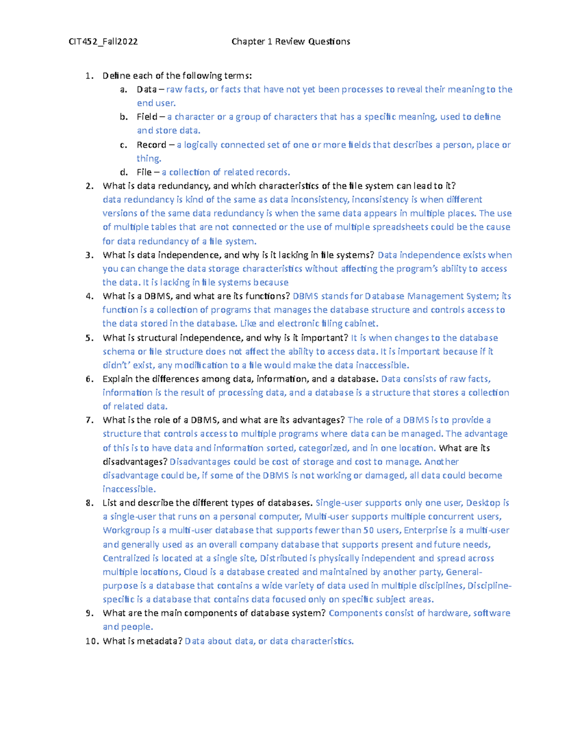 Rq - Database Systems, Chapter 1 Review Questions - CIT452_Fall2022 ...