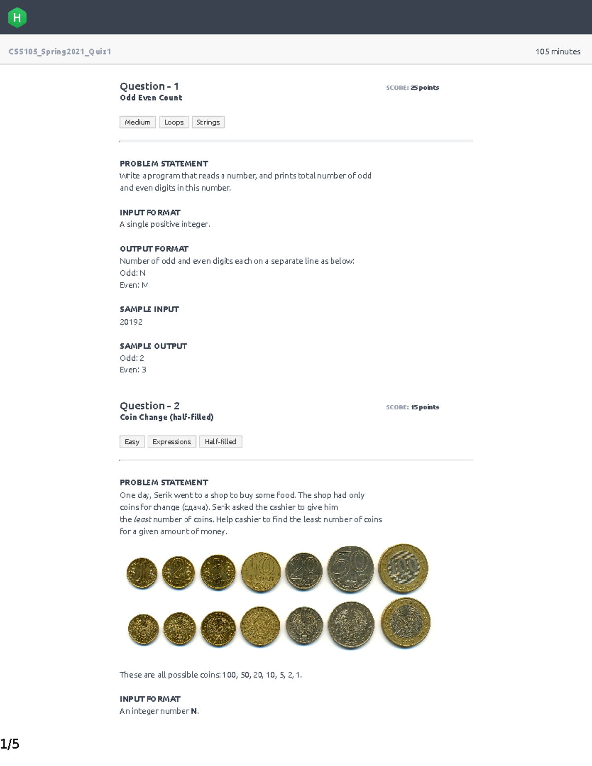 CSS105 Spring 2021 Quiz1 with answers - Information Systems - SDU - Studocu