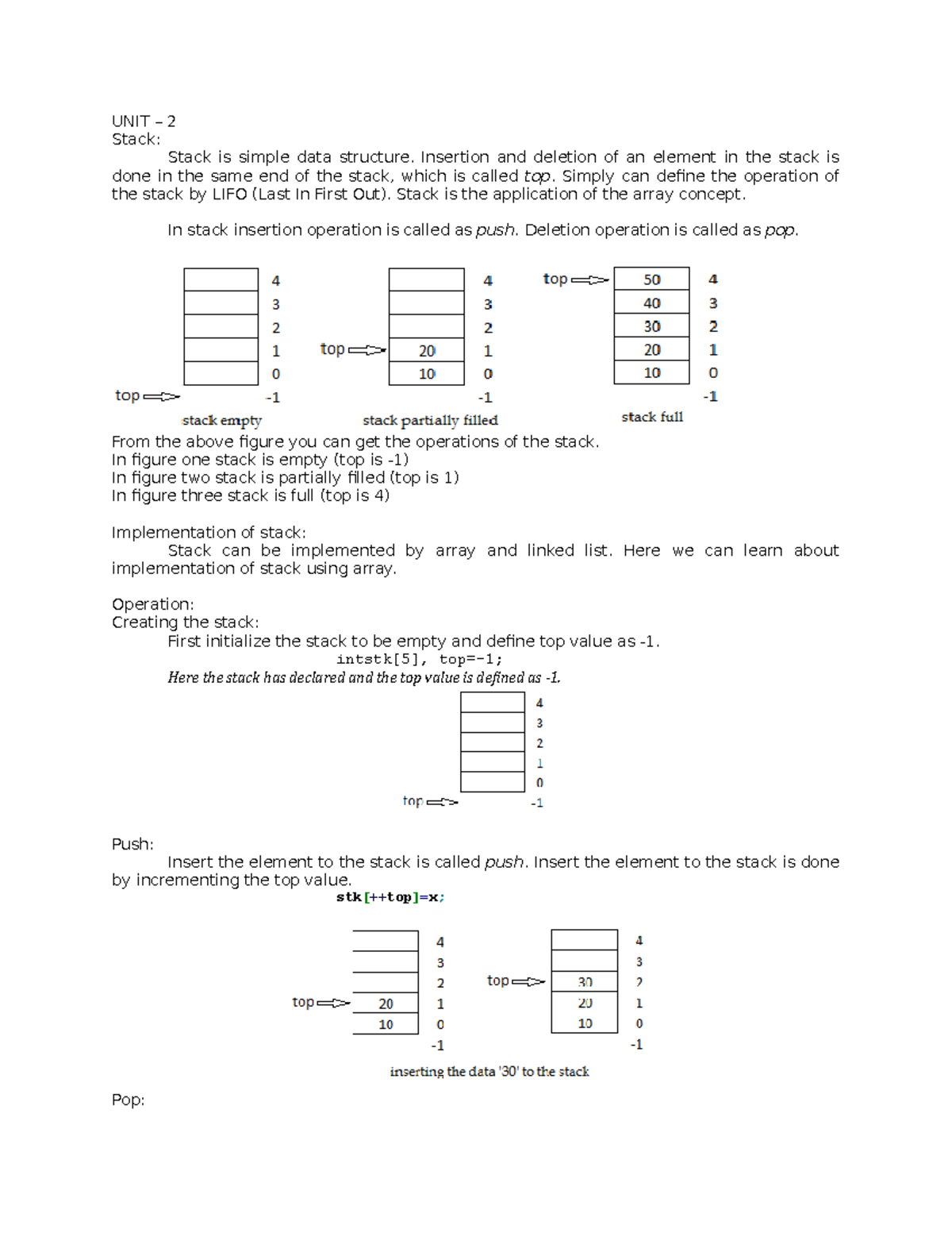 UNIT - 2 - Chapter 4: Stacks (4hr) 4.1. Properties of Stack 4.2. Array ...