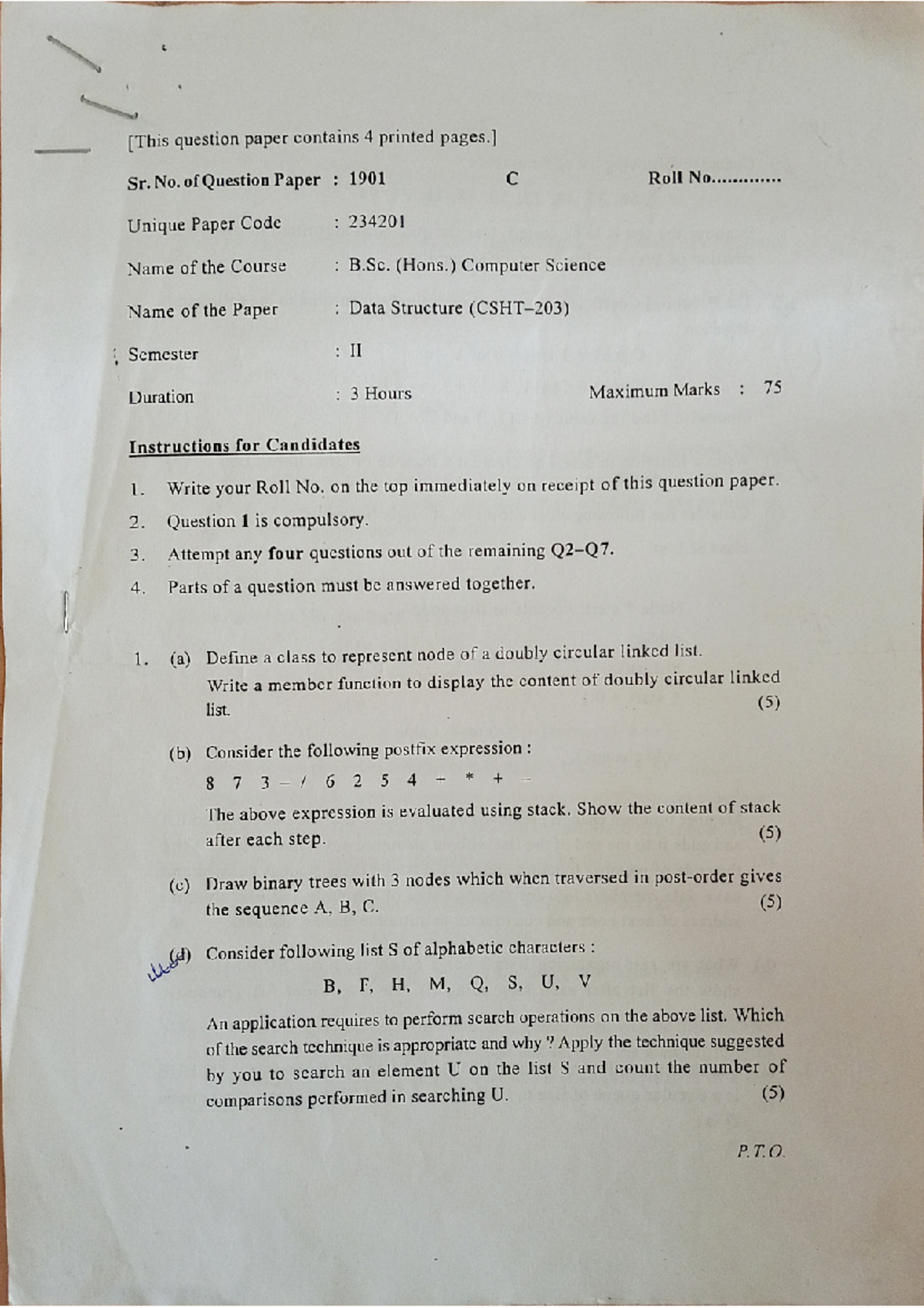 Data Structure PYQ 4 - question paper contains 4 printed Sr. No. of ...